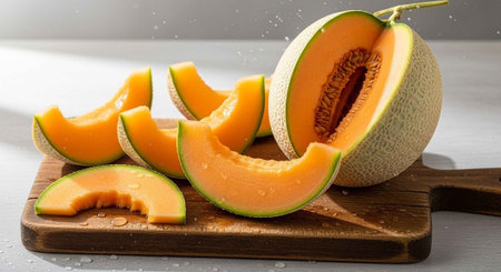 A sliced cantaloupe on a wooden cutting board with water droplets on a gray surface