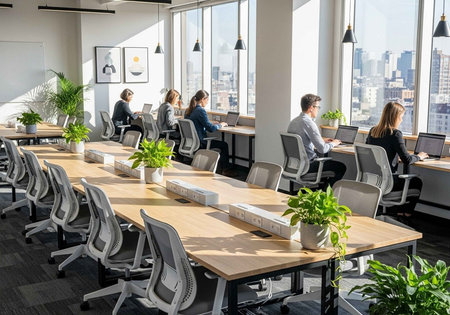 A modern office space with people working at desks in front of large windows