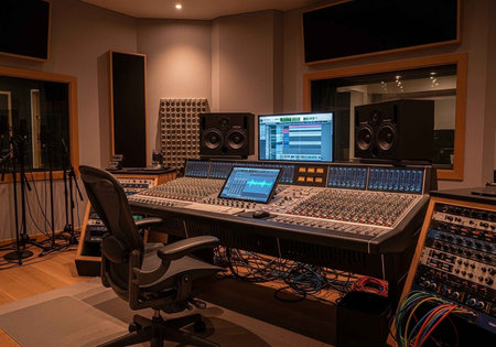 A professional recording studio with a mixing console and computer equipment