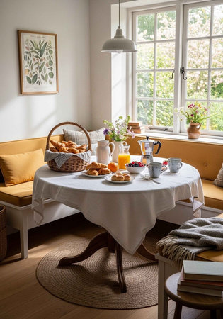 A beautifully set breakfast table in a cozy dining room with natural light