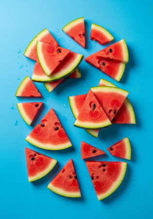 A vibrant display of fresh watermelon slices on a bright blue background