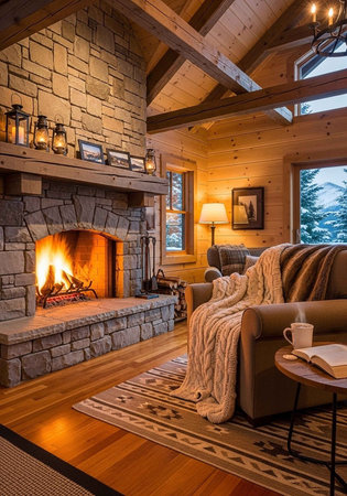 A cozy living room with a stone fireplace and wooden accents in a cabin