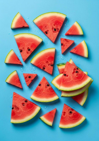 A vibrant arrangement of fresh watermelon slices on a bright blue background