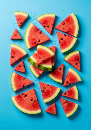 A vibrant display of fresh watermelon slices on a bright blue background