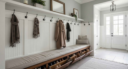 A modern entryway with a bench and coat rack in a bright and airy home