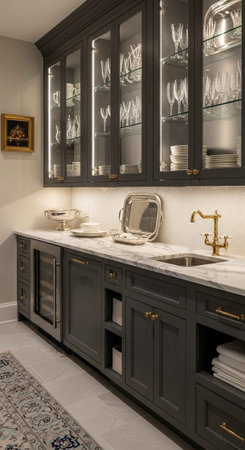 A modern kitchen with dark gray cabinets and a white marble countertop