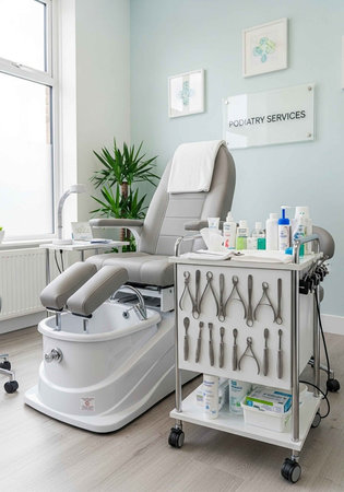 A podiatry clinic with a modern medical chair and equipment for foot care servicesの写真素材