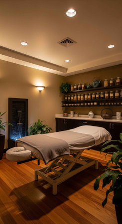 A serene spa room with a massage table and aromatherapy essentialsの写真素材