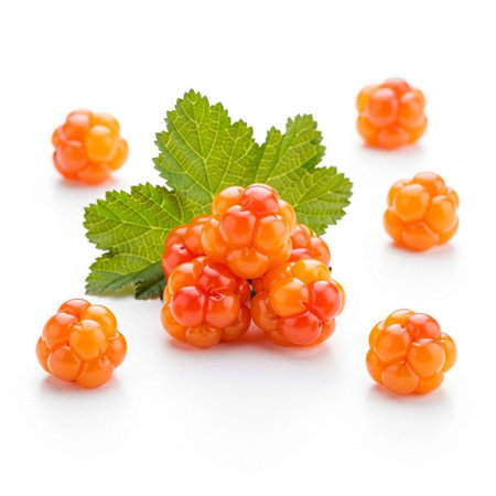 A vibrant cluster of orange sea buckthorn berries with green leaves on a white background
