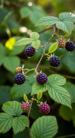 A close-up view of a blackberry bush with ripe and unripe berries in nature