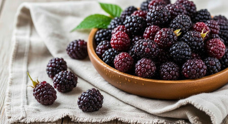 A bowl of fresh blackberries on a rustic table with a beige cloth