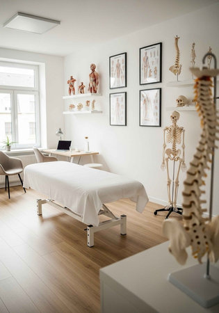 A well-equipped physiotherapy room with a treatment table and anatomical models