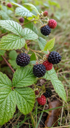 A close-up view of a blackberry bush with ripe and unripe berries in nature