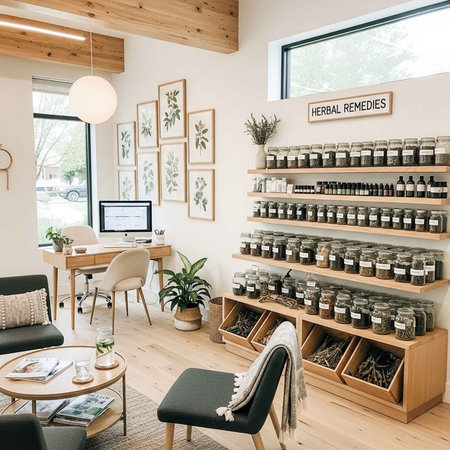 A serene herbal remedy store with a desk and computer in a modern interior