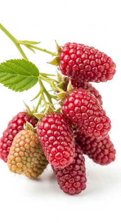 A bunch of fresh raspberries with green leaves on a white background