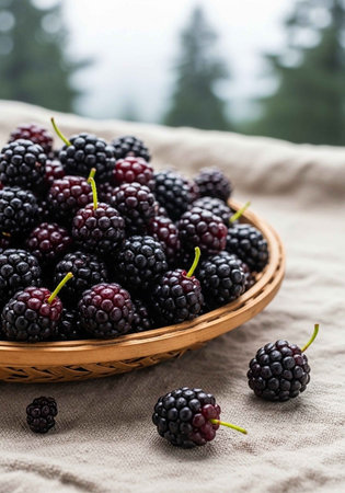 A wicker basket filled with fresh blackberries on a beige cloth outdoors