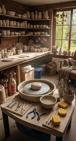 A pottery studio with a wheel and various clay objects on shelves and tables