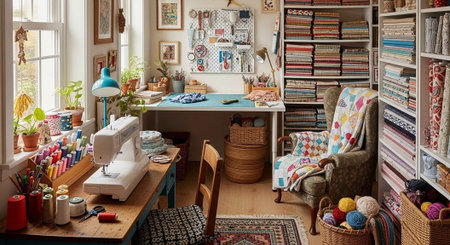 A cozy sewing room with a desk, chair, and shelves full of fabric and supplies