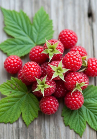 A vibrant pile of fresh raspberries with green leaves on a wooden surface