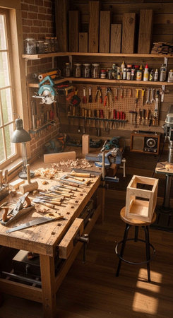 A well-organized woodworking workshop with various tools and equipment