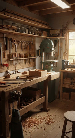 A well-organized woodworking workshop with various tools and equipment