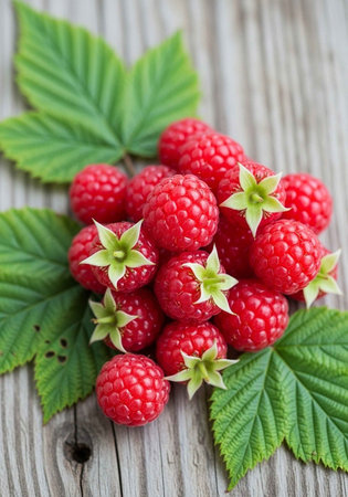 A vibrant pile of fresh raspberries with green leaves on a wooden surface