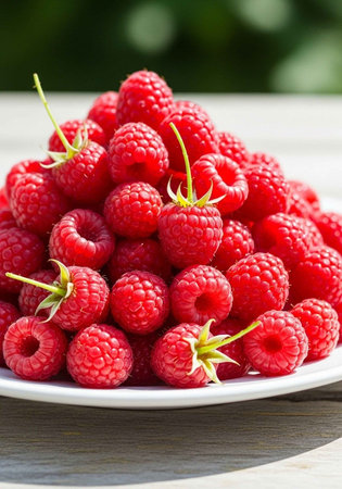 A vibrant pile of fresh raspberries on a white plate outdoors in natural light