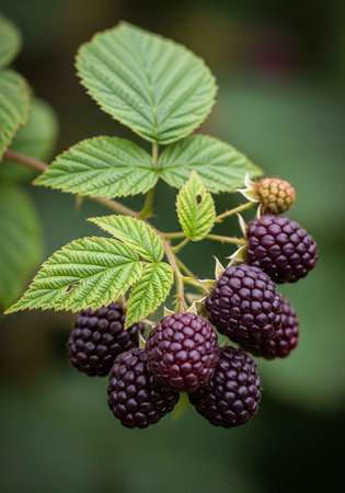 A close-up of a cluster of ripe blackberries hanging from a green stem