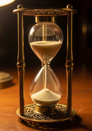 An ornate golden hourglass sitting on a wooden table in a dark room
