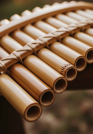 A close-up view of a traditional bamboo panpipe instrument in natural setting