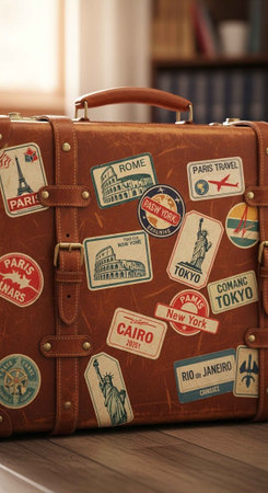 A vintage suitcase covered in travel stickers on a wooden floor indoorsの写真素材
