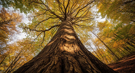 A large tree stands tall in a forest with yellow and green leaves
