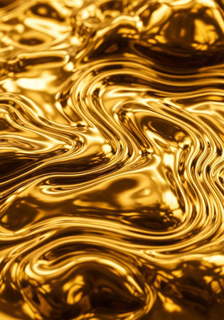 A close-up view of a shiny, golden, liquid-like surface with wavy patterns