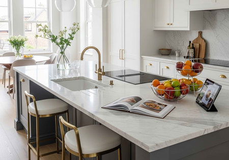 A modern kitchen with a large island, marble countertop, and gold accents