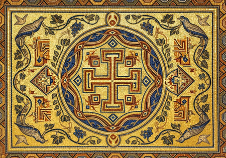 A vibrant mosaic artwork with intricate designs and patterns on a yellow background