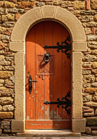 An old wooden door with black metal hardware set in a stone wallの写真素材