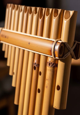 A close-up view of a traditional bamboo panpipe instrument with natural bindings