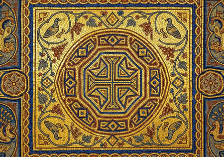 A stunning mosaic artwork featuring intricate designs and patterns in gold, blue, and brown huesの写真素材