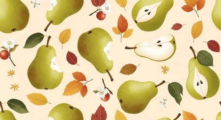 A vibrant pattern of pears and leaves on a soft cream background