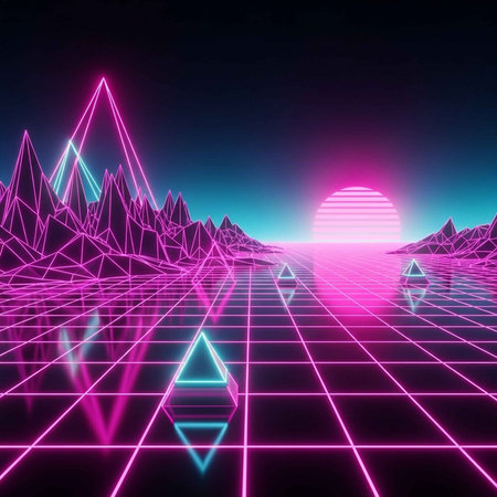 A vibrant neon landscape with pink and blue geometric shapes at sunset