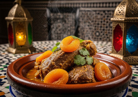 A delicious Moroccan lamb tagine with apricots and herbs in a traditional settingの写真素材