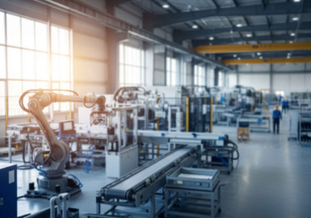 A large industrial warehouse with robotic machinery and conveyor belts in operationの写真素材