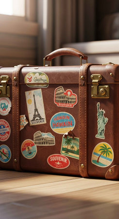 A vintage brown leather suitcase with travel stickers on a wooden floor indoors