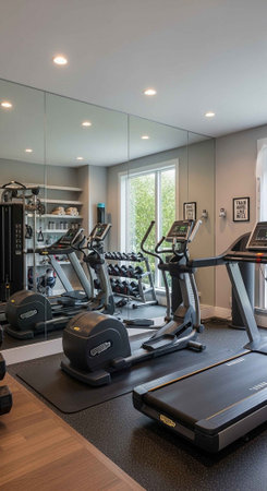 A modern fitness room with exercise equipment and a large mirror