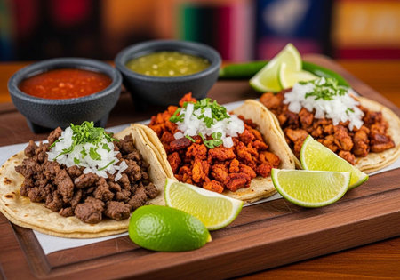 A delicious arrangement of tacos with lime wedges and salsa on a wooden board