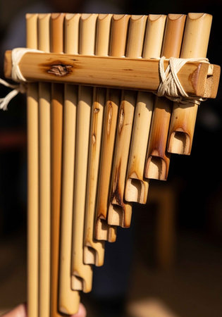 A close-up of a traditional wooden panpipe instrument with a blurred background
