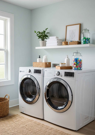 A modern laundry room with washing machines and decorative items on a shelfの写真素材