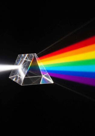 A crystal prism refracts white light into a vibrant rainbow spectrum