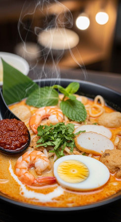 A steaming bowl of spicy laksa noodle soup with shrimp and eggの写真素材