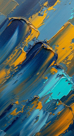 A vibrant abstract painting with bold brushstrokes of blue and gold colors